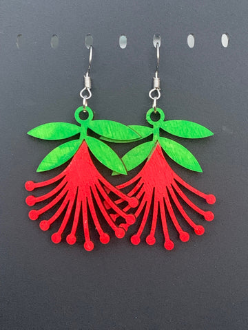 Wooden handpainted Pohutakawa Xmas Earrings